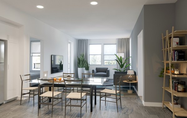 Dining area with modern decor at Gio Apartments in downtown, ideal for social gatherings and elegant meals in a luxurious setting
