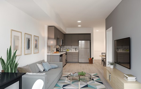 Modern living room with stylish furnishings and large windows at Gio Apartments, luxury living in the heart of the city