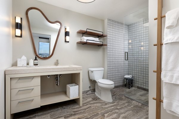 Modern bathroom with sleek finishes at Columbia Square Living Apartments