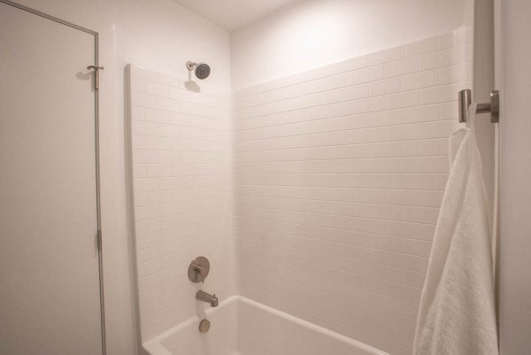 Modern bathroom with sleek fixtures at The Morton Apartments
