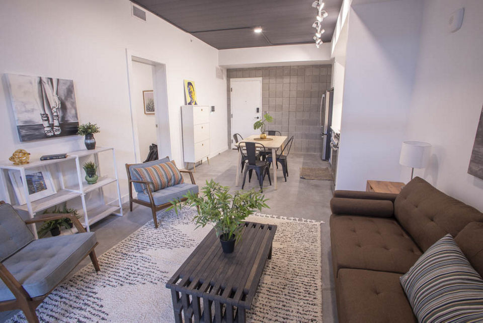 Modern living room with sleek furniture and natural light at The Morton Apartments