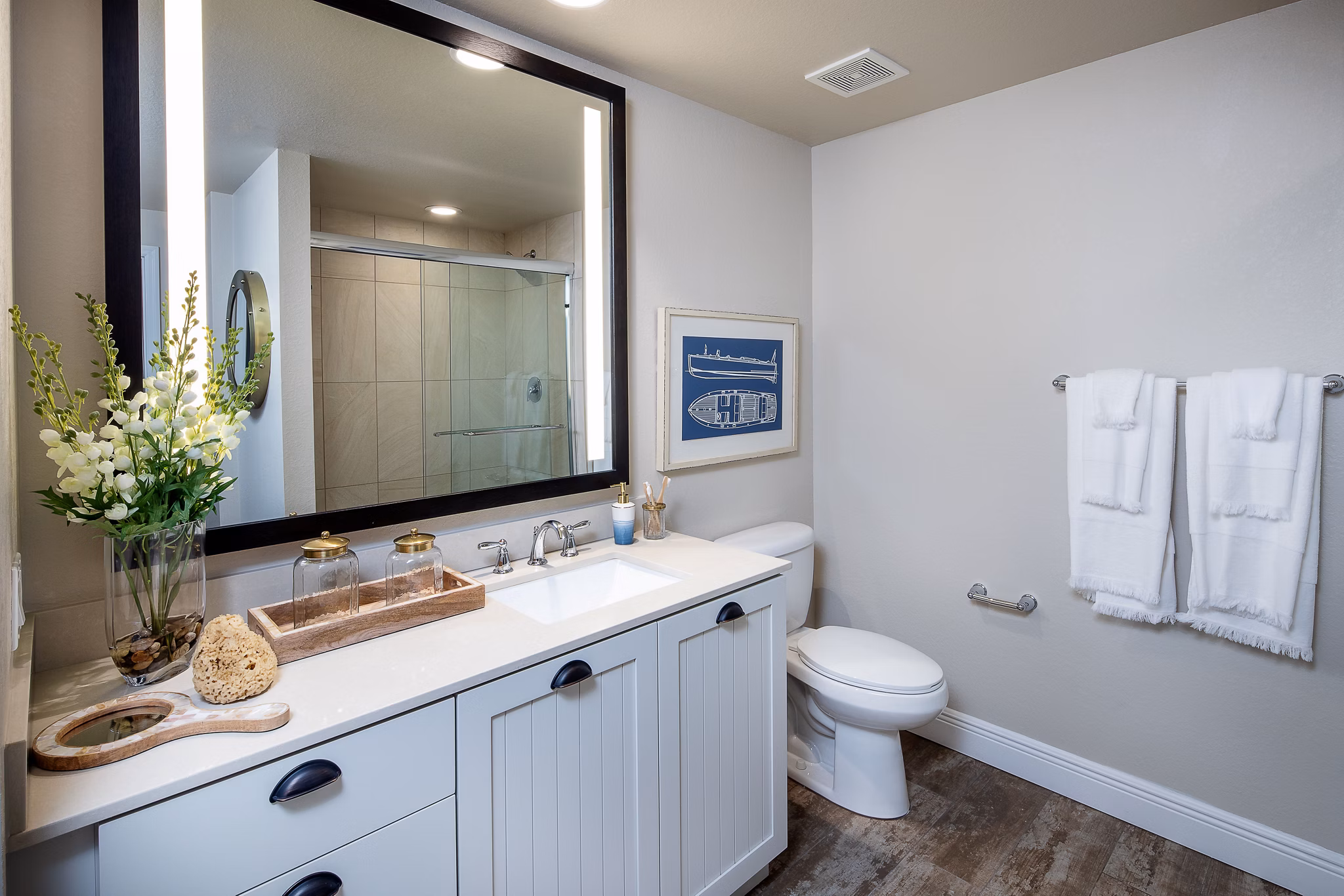 Luxurious bathroom with modern fixtures at 1333 South Ocean Apartments by Greystar, offering high-end living in an exclusive community