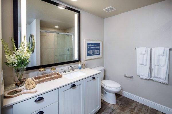 Luxurious bathroom with modern fixtures at 1333 South Ocean Apartments by Greystar, offering high-end living in an exclusive community