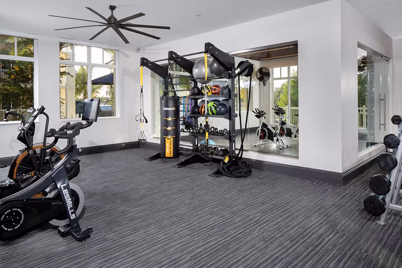 State-of-the-art fitness center with modern equipment at 1333 South Ocean Apartments, ideal for health-conscious residents