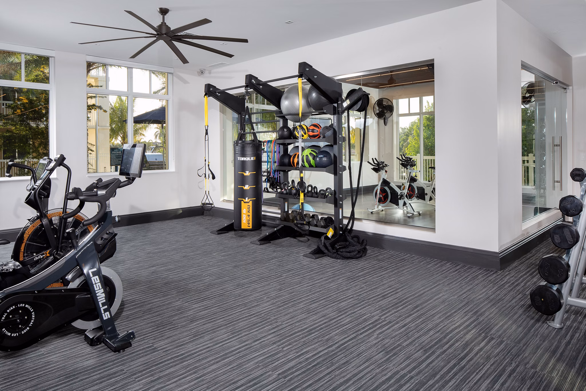 State-of-the-art fitness center with modern equipment at 1333 South Ocean Apartments, ideal for health-conscious residents
