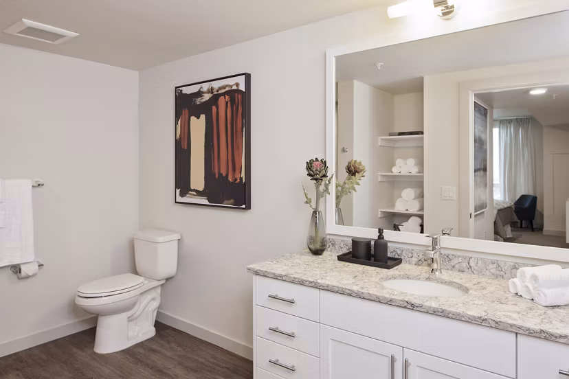 Bathroom with modern fixtures and sleek design at Marvelle at Southcenter Apartments