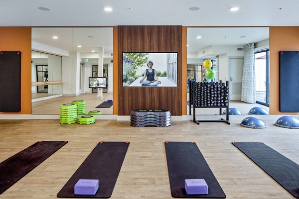 Yoga studio with natural light and spacious layout at Mariblu Southcenter Apartments, a luxury Greystar property in a tranquil setting