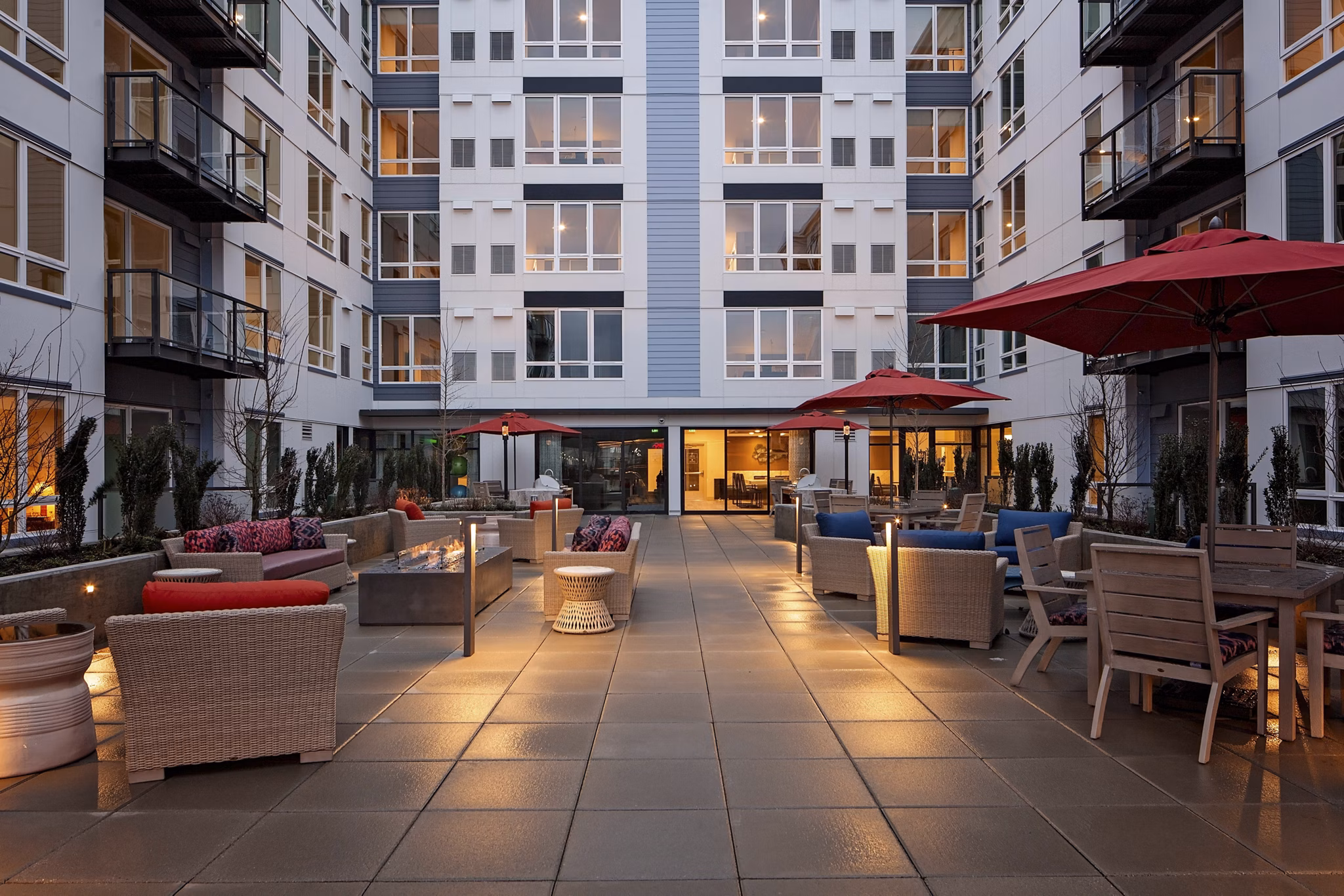 Tranquil courtyard with modern seating area at Marvelle at Southcenter Apartments