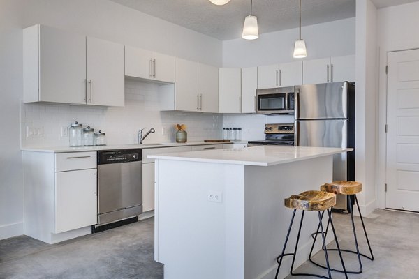 Modern kitchen with marble countertops and stainless steel appliances in Brixton Apartments, featuring a sleek design for stylish urban living