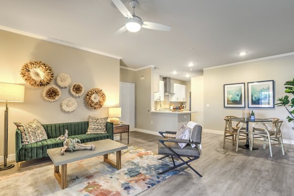 Spacious living room with modern furnishings in Ironwood North Apartments