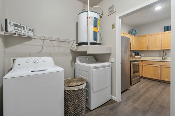 Laundry room with modern appliances at Artessa Apartments, a luxury Greystar property