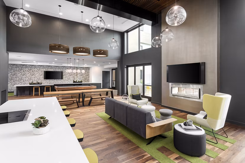 Modern clubhouse featuring contemporary design at Jefferson Rise Apartments, offering stylish communal spaces for residents to enjoy