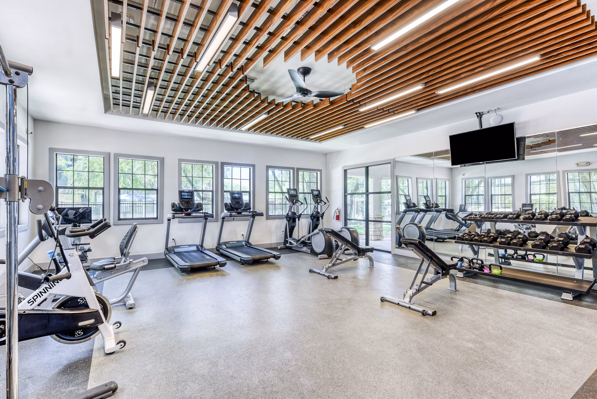 Modern fitness center with state-of-the-art equipment at Judson Pointe Apartments