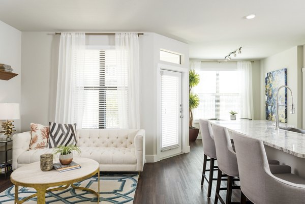 Contemporary living room with plush sofas and large windows at Stella at Riverstone Apartments, perfect for urban luxury living
