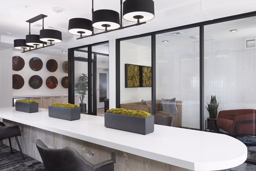 Modern meeting facility at Revela Apartments featuring state-of-the-art business center