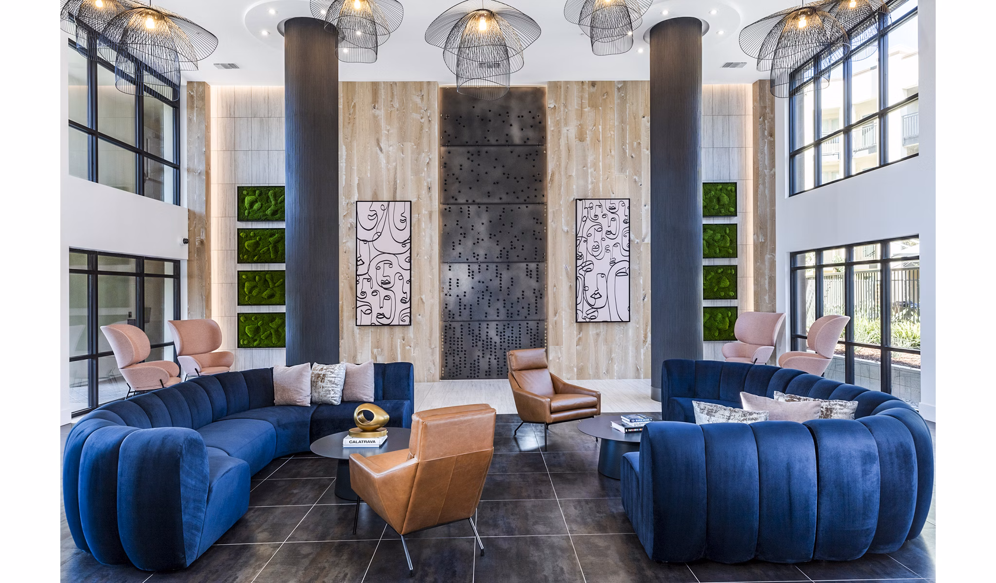 Revela Apartments: Modern clubhouse with elegant lobby design