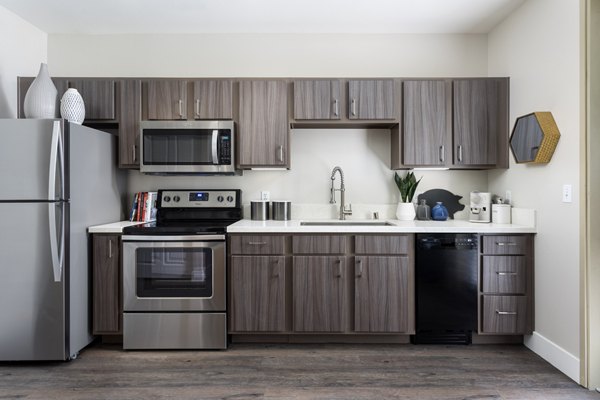 Modern kitchen with stainless steel appliances at Entrada Apartments, a luxury Greystar property