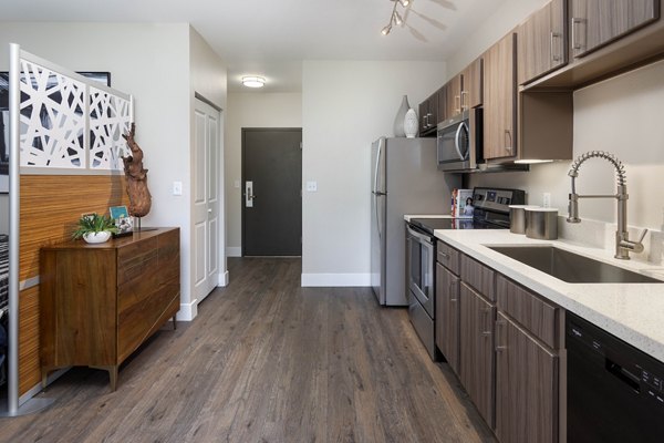 Modern kitchen featuring sleek countertops and stainless-steel appliances at Entrada Apartments, luxury living by Greystar