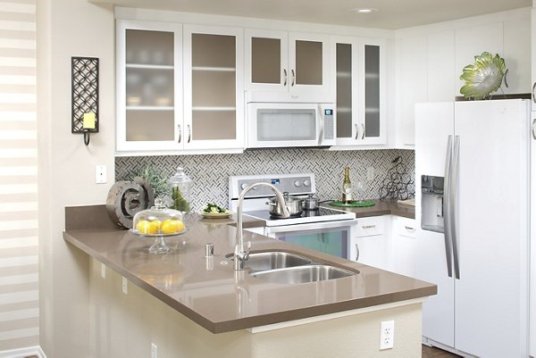 Modern kitchen with stainless steel appliances at Regents La Jolla Apartments, providing luxurious living in a premium location