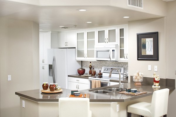 Modern kitchen with stainless steel appliances and granite countertops in Regents La Jolla Apartments