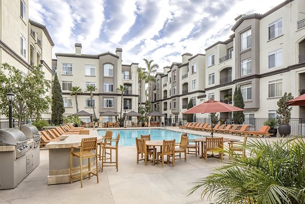 Resort-style pool with lush landscaping at Regents La Jolla Apartments