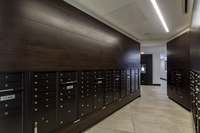Efficient mail room facilities at THEO luxury apartments, providing secure parcel delivery and pick-up services for residents