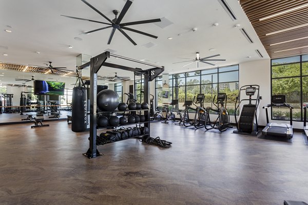 Fitness room at THEO featuring state-of-the-art equipment and modern design for an active lifestyle in luxury apartments
