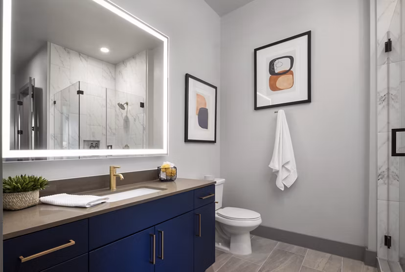 Modern bathroom with sleek fixtures in Broadstone Sawyer Yards Apartments