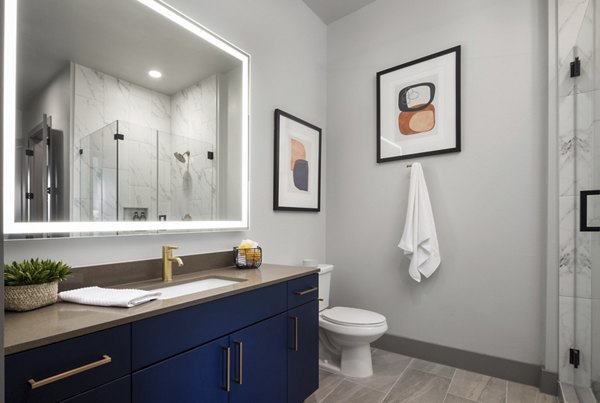 Modern bathroom with sleek fixtures in Broadstone Sawyer Yards Apartments