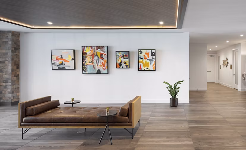Clubhouse featuring a stylish lounge and modern design at Broadstone Sawyer Yards Apartments