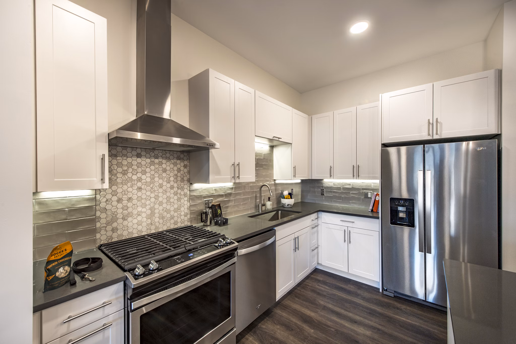 Modern kitchen featuring stainless steel appliances and white cabinets in luxury apartments