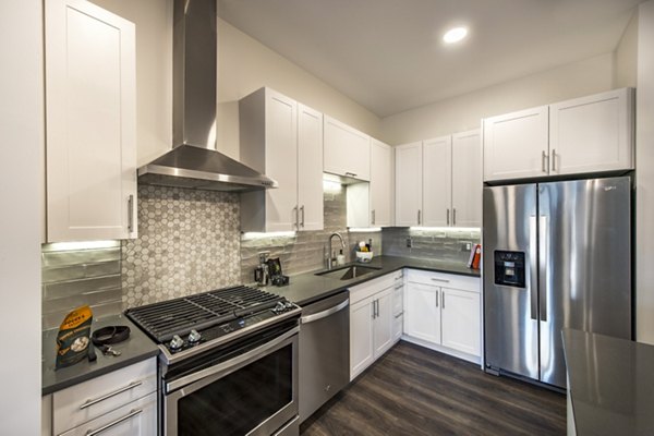 Modern kitchen featuring stainless steel appliances and white cabinets in luxury apartments