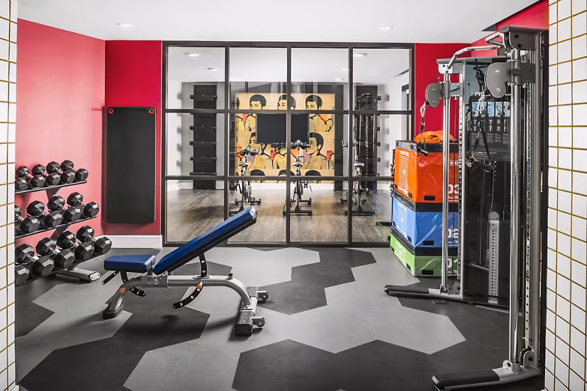 State-of-the-art fitness center with modern equipment at The Ryan Apartments