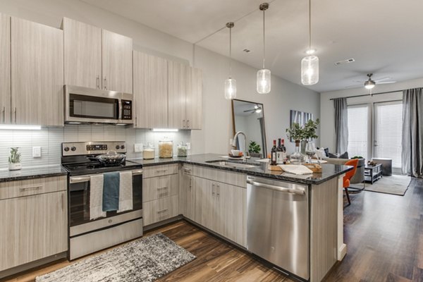 Modern kitchen with stainless steel appliances at The Silverlake Apartments, offering luxury living in an elegant residential community
