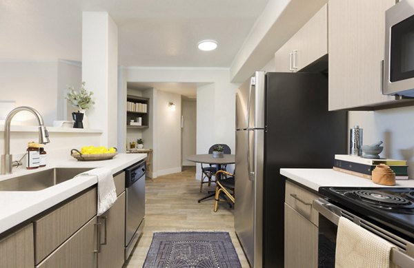 Modern kitchen with stainless steel appliances at ORA Apartments in luxury Greystar community