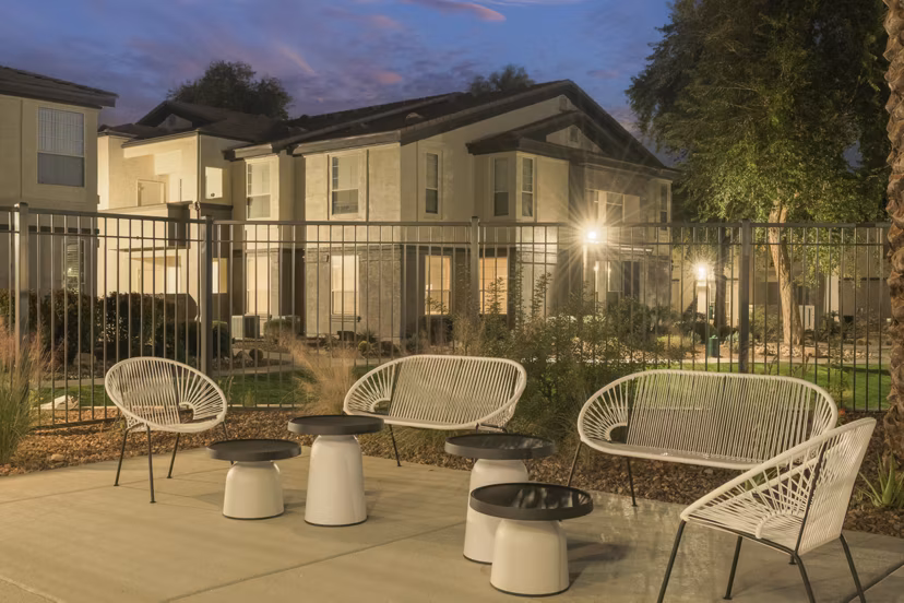 Courtyard garden with seating and modern design at ORA Apartments in Seattle