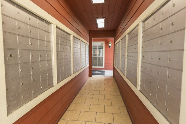 Mailroom with secure parcel lockers at Scotland Yard Apartments
