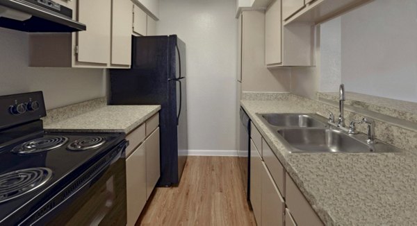 Modern kitchen with stainless steel appliances at Scotland Yard Apartments in luxury Greystar community