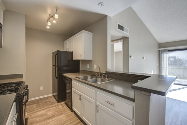 Modern kitchen with stainless steel appliances at Canyon Ridge Apartments, offering luxury living by Greystar