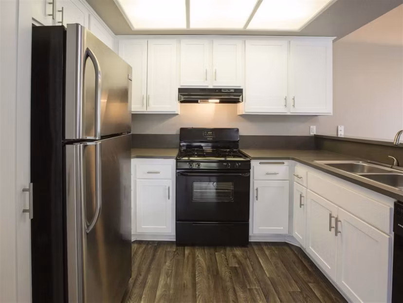 Modern kitchen with stainless steel appliances at Harborview Apartments, a Greystar luxury community