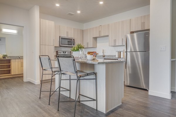 Sleek kitchen with stainless steel appliances at Anthology Apartments