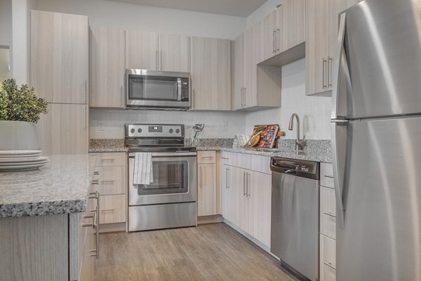 Modern kitchen with stainless steel appliances at Anthology Apartments