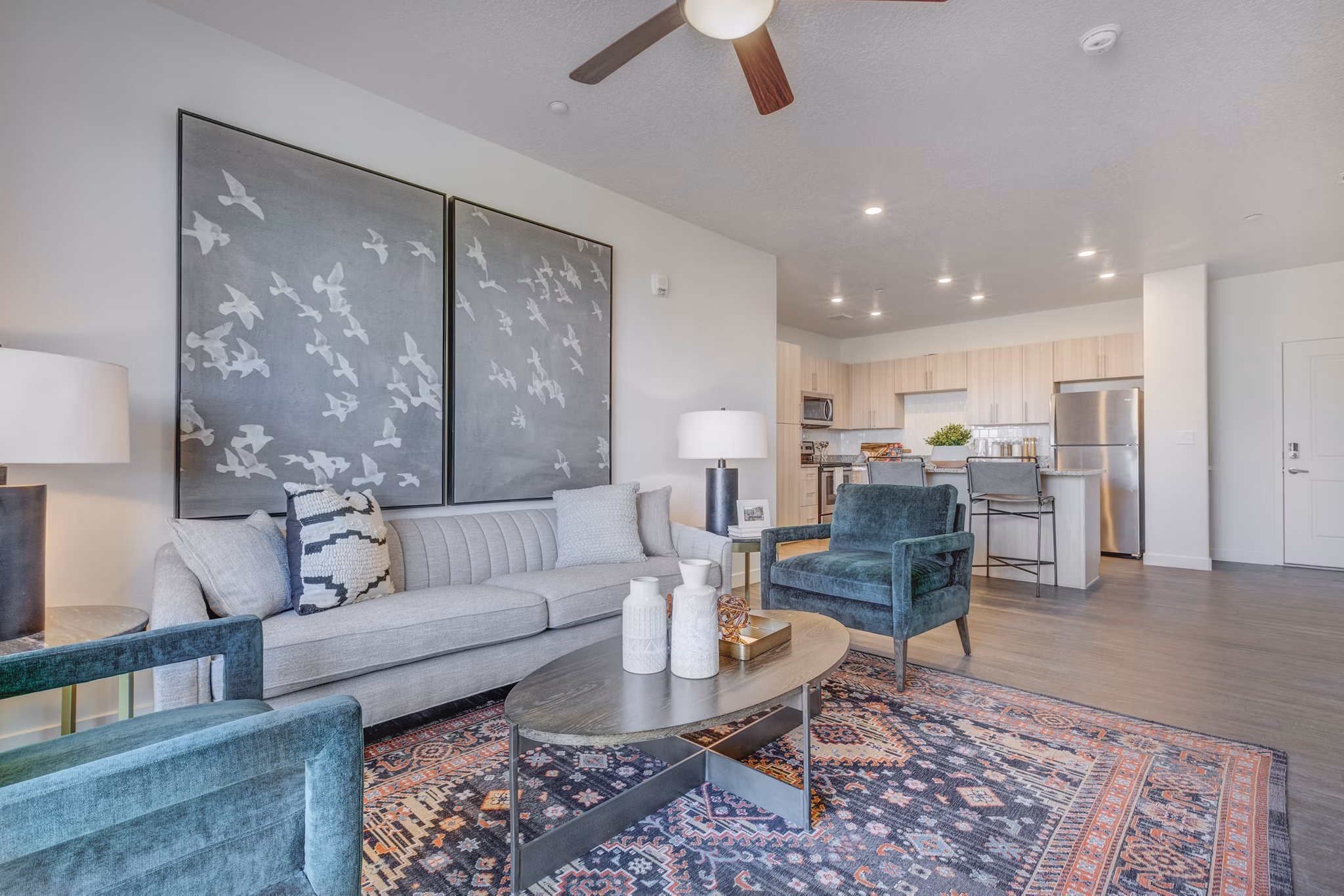 Living room with modern decor and open layout in Anthology Apartments