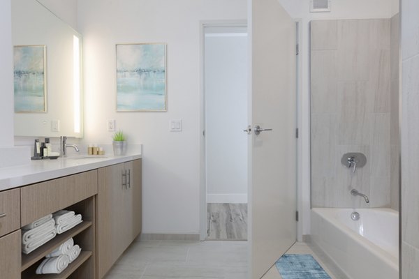 Bathroom with sleek fixtures and elegant design at 47Hundred Apartments, offering luxury living experiences