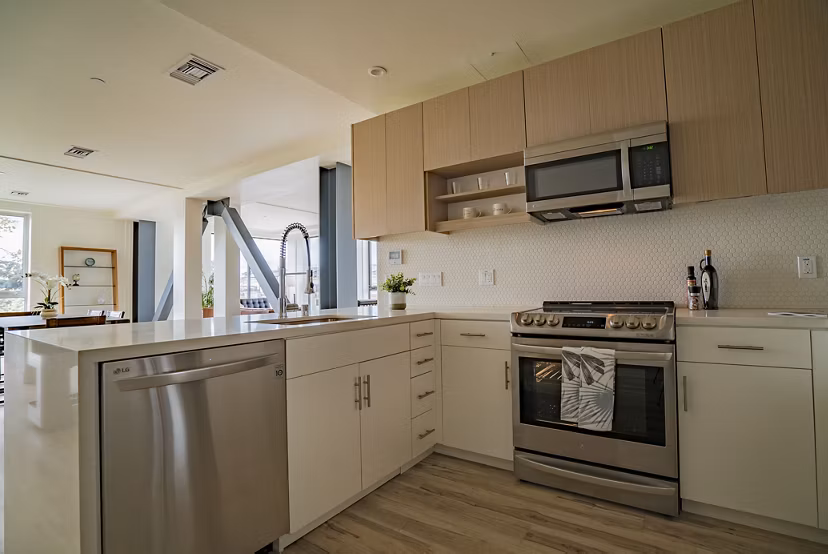 Sleek kitchen with modern appliances at 47Hundred Apartments in San Francisco, offering luxury living and contemporary style