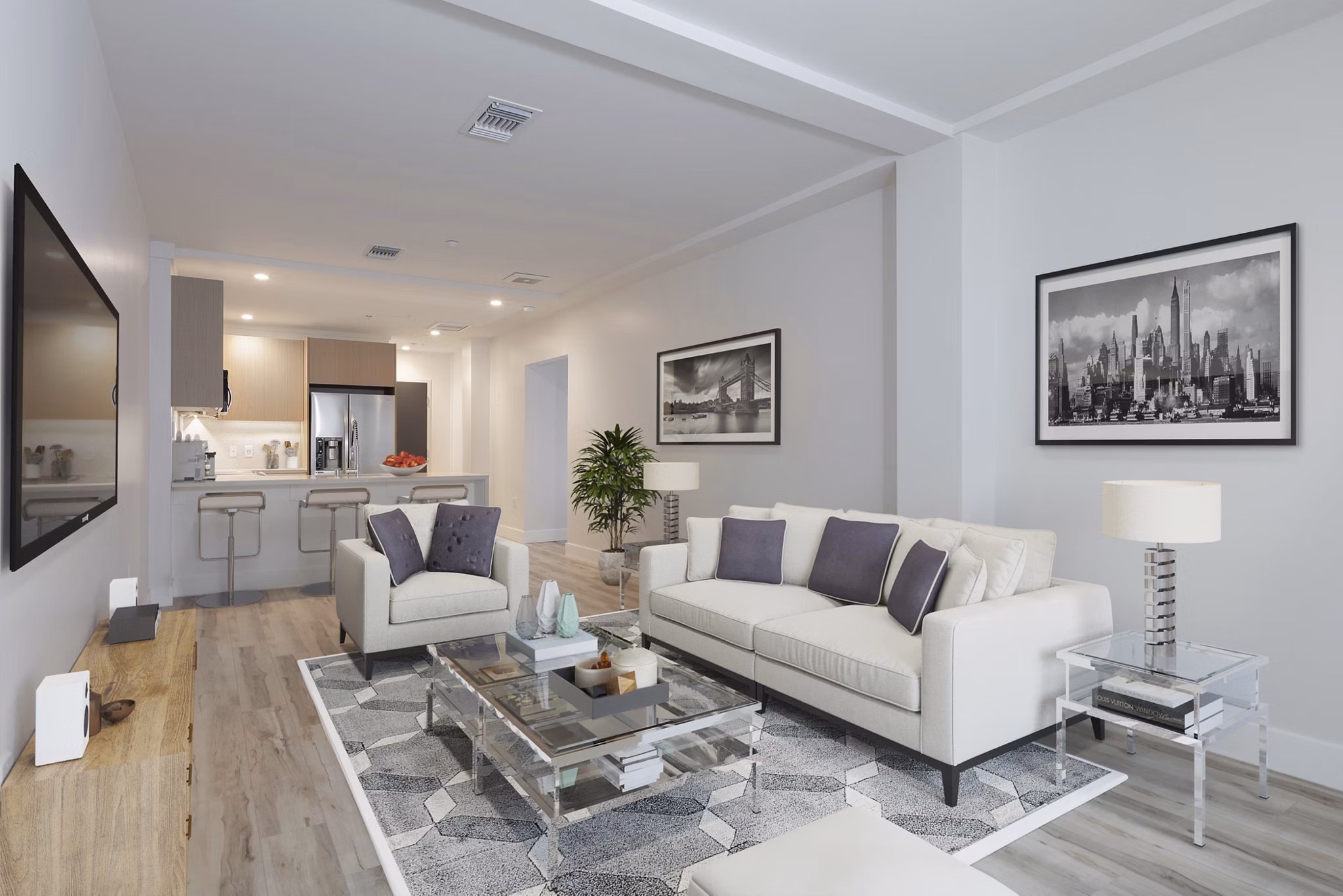Elegant living room with modern decor at 47Hundred Apartments, showcasing luxury living by Greystar