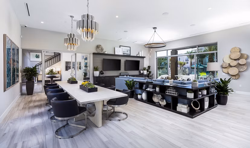 Rivue Apartments: Modern clubhouse with stylish seating and entertainment areas