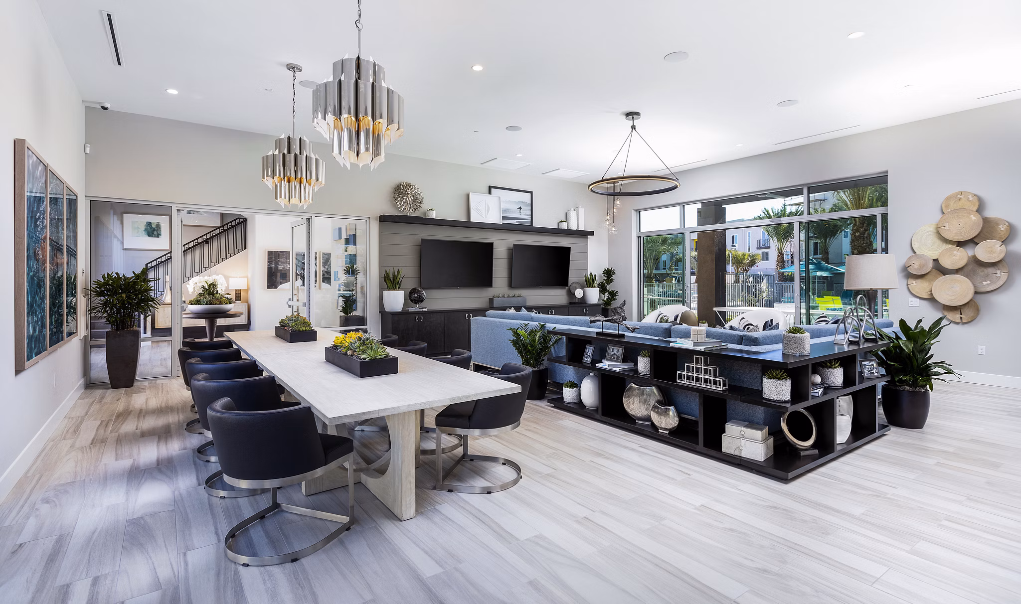 Rivue Apartments: Modern clubhouse with stylish seating and entertainment areas
