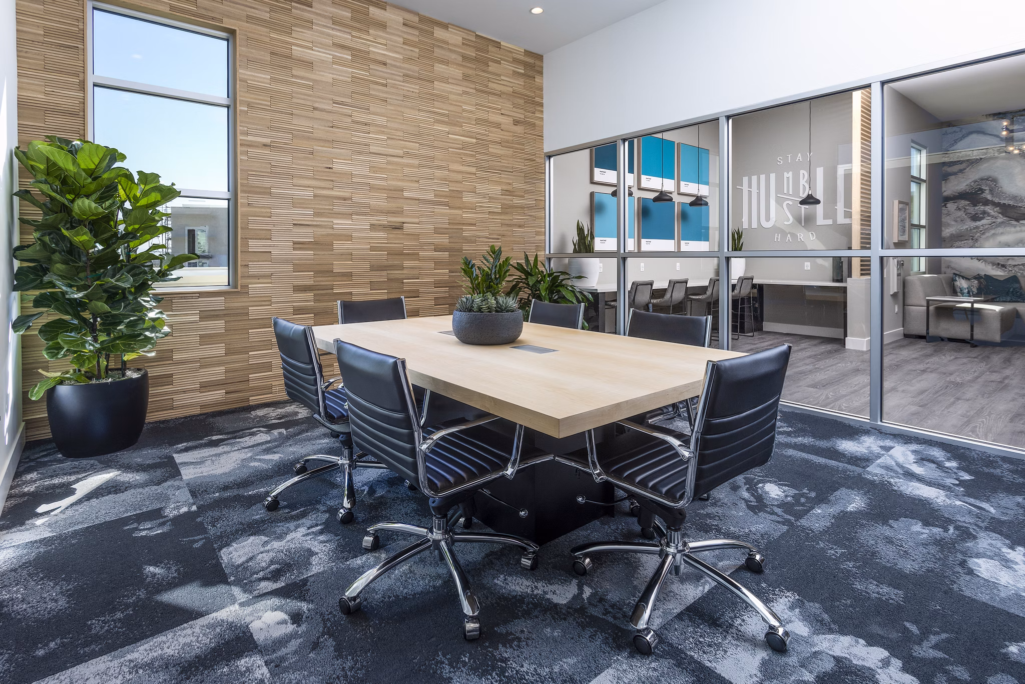 Modern meeting facility with conference setup at Rivue Apartments, ideal for business gatherings and events