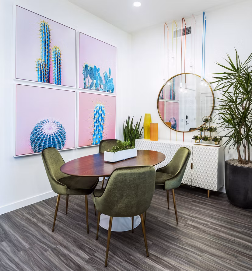 Refined dining room with modern decor at Rivue Apartments